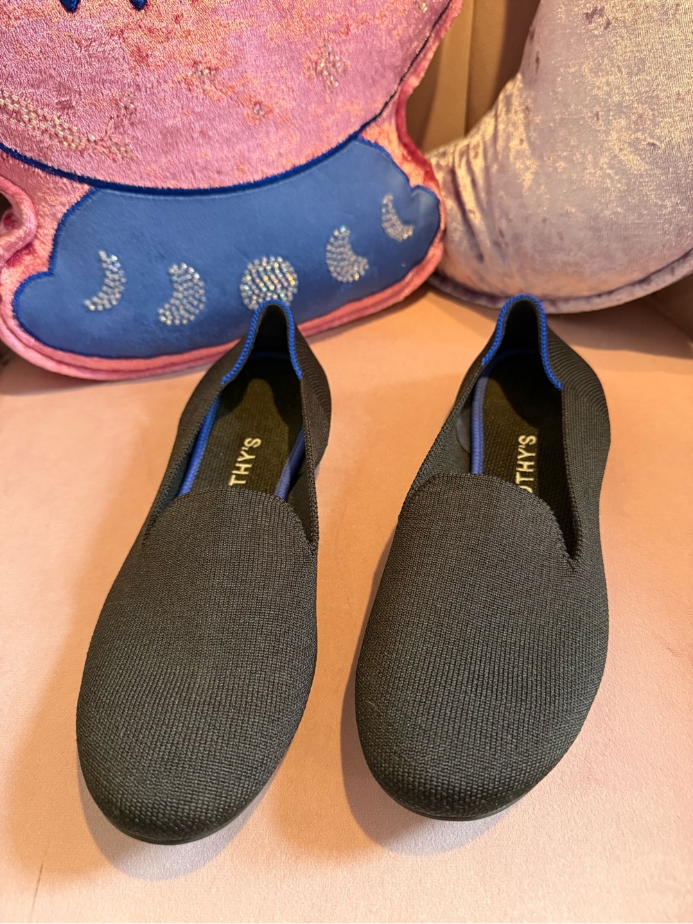 Rothy's Black Slip-On Knit Flats with Blue Trim